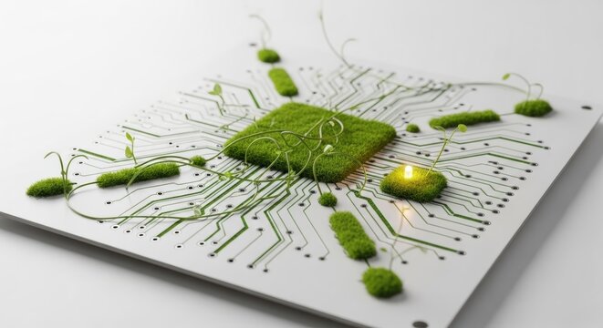 Green microchip circuit board with moss and plants growing on electronic components representing eco friendly technology and sustainable innovation concepts