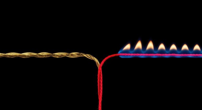 Red thread and gold wire merging into a single entity with burning end on black background ideal for conceptual designs