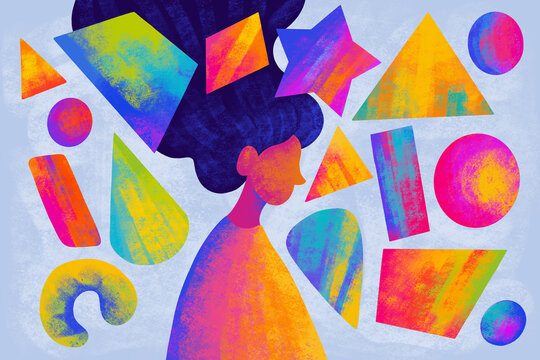 Colorful shapes and a figure on a blue background