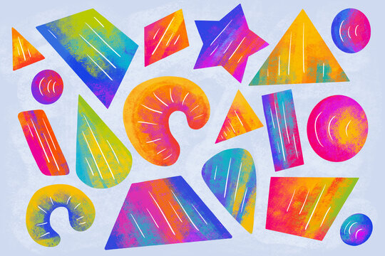 Colorful shapes on a light blue background