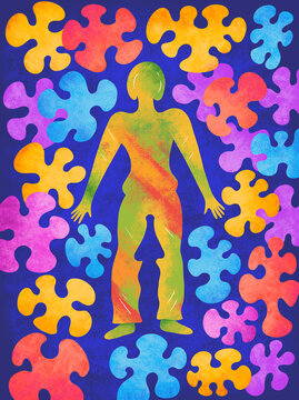 Colorful puzzle pieces surround human figure in abstract design