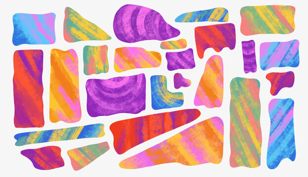 Different colorful shapes are arranged on a light background