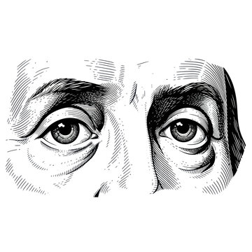 Close-up of Benjamin Franklin's eyes, engraving style, historical portrait detail