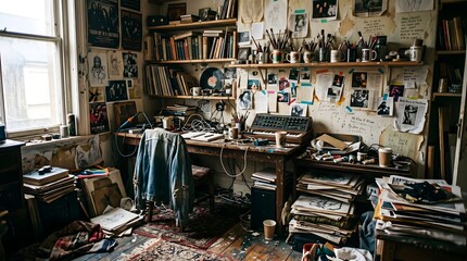 Naklejka premium vintage cluttered artist studio with natural light and creative chaos