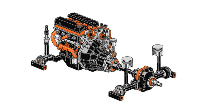 Meticulous technical illustration displays a powerful automotive engine and drivetrain assembly featuring vibrant orange accents against a clean white background.