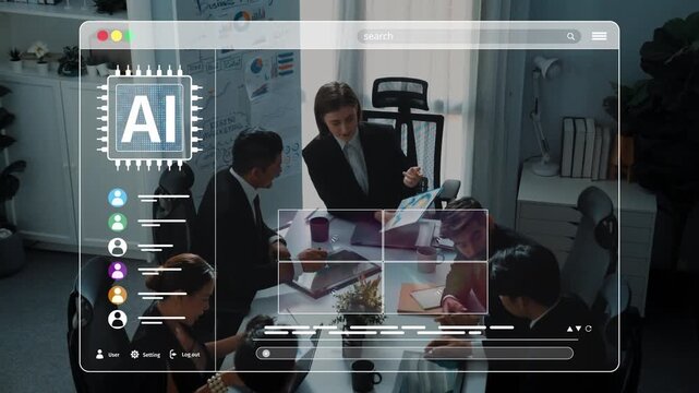 A modern office scene featuring a diverse team engaged in a meeting, discussing innovative ideas while an AI program displays vibrant graphics on a screen. Raster