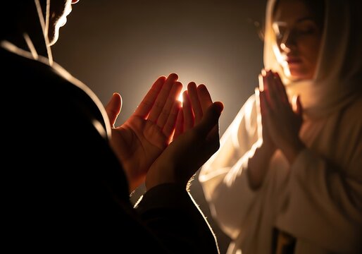 Muslim Couple Praying Together with Warm Glowing Light. Generative Ai