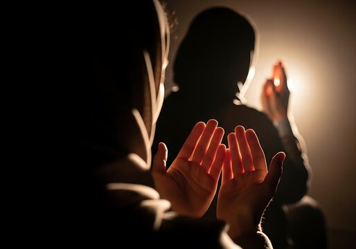 Muslim Couple Praying Together with Warm Glowing Light. Generative Ai