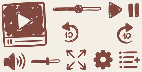 Collection of hand-drawn doodle icons for media player and interface controls. © Riki