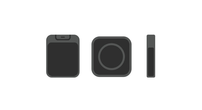 This sleek black electronic device is presented in front, back, and side views to highlight its minimalist design and circular speaker grill texture.