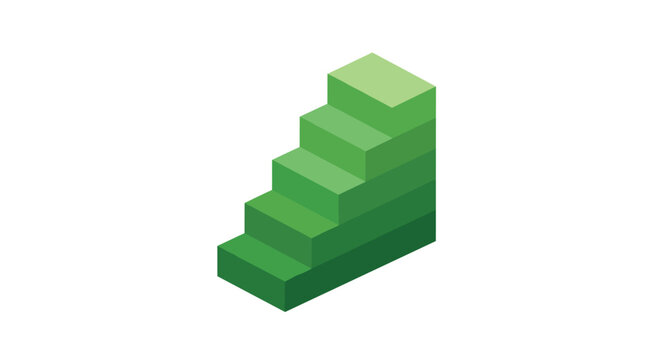 A series of five green blocks forms an ascending staircase structure in a clean isometric perspective against a minimalist and bright white background.