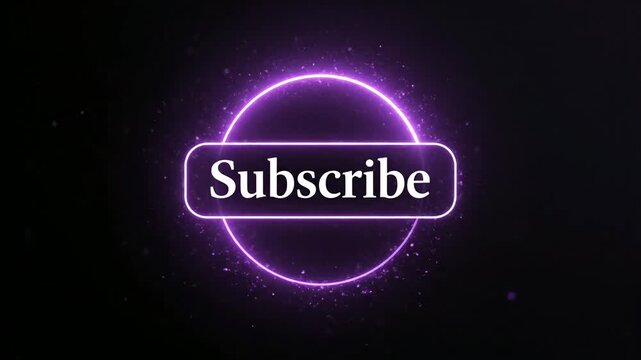 A purple neon circle with a subscribe button in the center on a dark background video