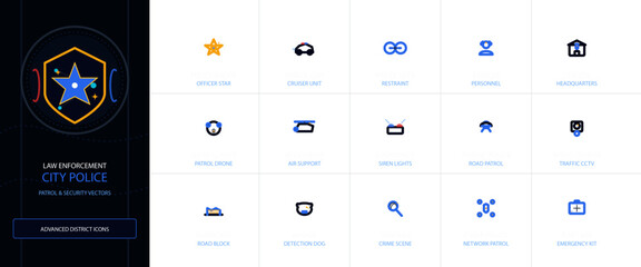 Modern City Police Law Enforcement Digital Icon Set Advanced Security Operations Pixel Art Graphics Collection for Public Safety © Milkunn