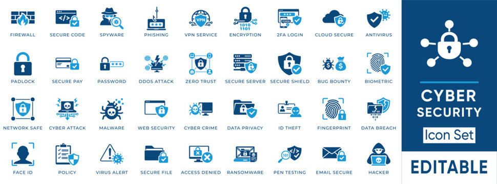 Cyber security icon set. featuring network protection, data encryption, malware detection, and zero trust elements in blue solid style for digital safety and privacy.