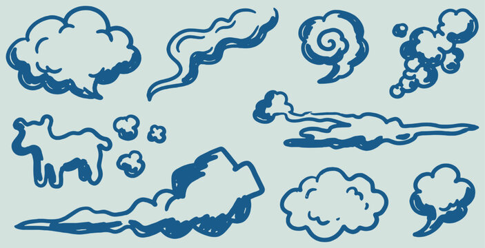 Collection of hand-drawn blue smoke and cloud elements in a doodle style.