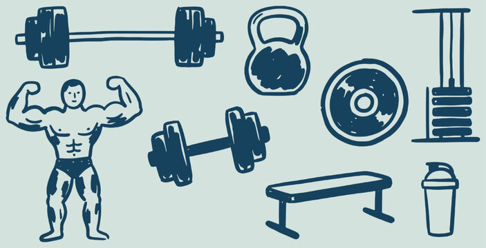 Collection of hand-drawn fitness and weightlifting equipment icons, including a bodybuilder, dumbbells, barbells, kettlebell, weight plates, bench, and shaker bottle.