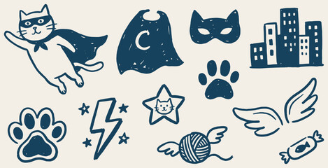 Cute hand-drawn superhero cat illustrations with related elements like capes, masks, and city buildings. © Riki