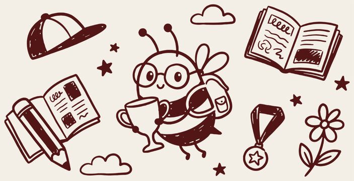 Cute cartoon bee character holding a trophy, surrounded by school supplies and symbols of achievement.