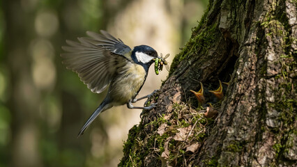 Obraz premium Close-up of a small bird feeding its chicks on a mossy tree trunk in a natural forest environment, capturing a tender wildlife parenting moment.