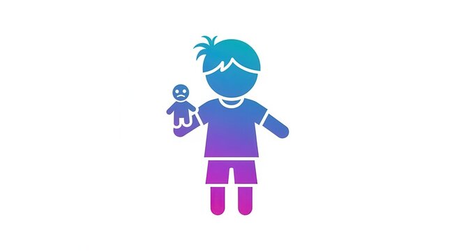 Stylized gradient icon of a child holding a small sad puppet illustrating emotional play or