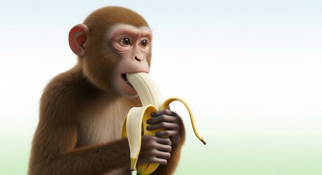 Captivating 3D animation of a rhesus macaque monkey relishing a ripe yellow banana