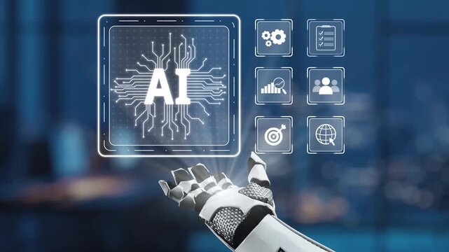 Futuristic robotic hand displays artificial intelligence interface with data analytics icons in a modern office setting, symbolizing technology and innovation Synapse.