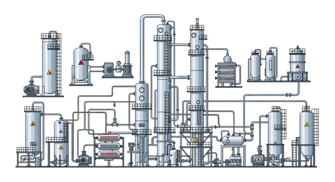 A vast and intricate silver industrial refinery complex features numerous interconnected pipes and tall distillation towers under a neutral studio light.