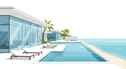 Fototapeta premium Luxurious beachfront modern villa with expansive glass walls and a crystal clear infinity pool overlooks a serene tropical ocean under a bright white sky.