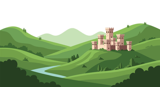 A majestic tan medieval castle with multiple fortified turrets stands proudly atop lush rolling green hills beside a winding blue river under a white sky.
