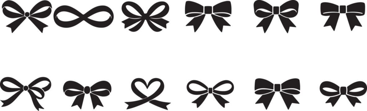 Bold black ribbon bow icon set. Minimal gift wrap symbols