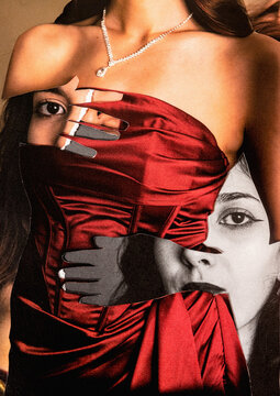 Analog collage portrait of a woman in elegant dress