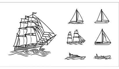 A set of sailing ships and boats in a minimalist line art style © Najma
