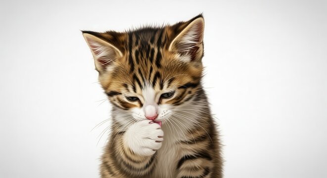 Adorable tabby kitten meticulously cleans its tiny paw with delicate precision on a pure white