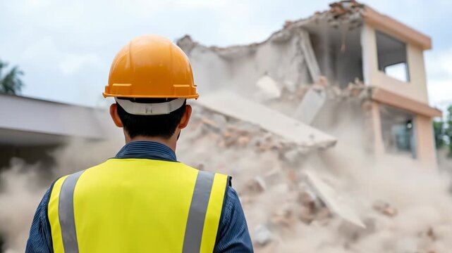 An engineer in a yellow vest and orange hard hat points at a building as it collapses into dust.