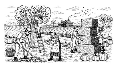 Obraz premium A black and white illustration of people working on a farm during harvest season