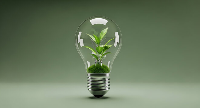 Green Light Bulb with Plant and Grass Symbolizing Environmental Conservation and Renewable Energy