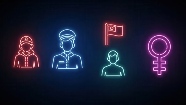 Vibrant Neon Line Icons Representing Diverse Human Identities and National Elements Digitally