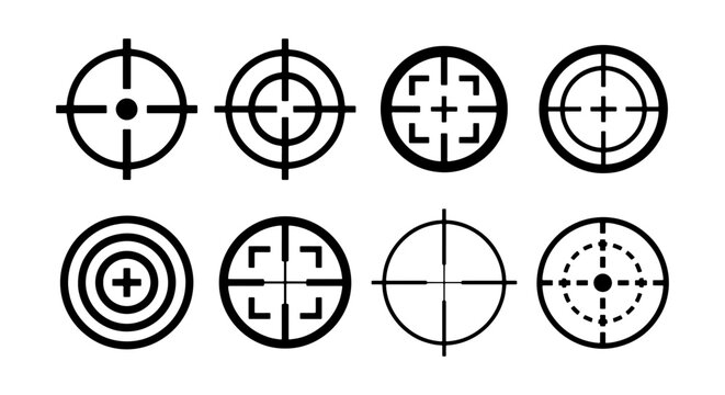 Target crosshair icons, 8 black vector aim symbols, sniper scope reticle set for UI