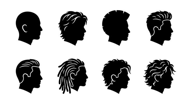 Male hairstyle silhouettes, 8 men hair profile icons, barber shop vector set