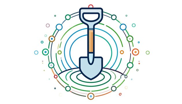A shovel graphic, surrounded by interconnected circles and dots, suggesting a connection to the ground