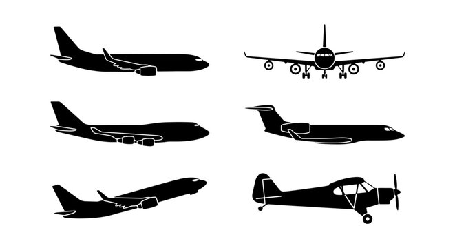 Airplane silhouette vector set, 6 aircraft icons, commercial jet and propeller plane