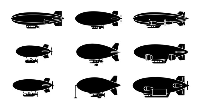 Vintage airship silhouette set, 9 blimp vector icons, retro dirigible zeppelin collection