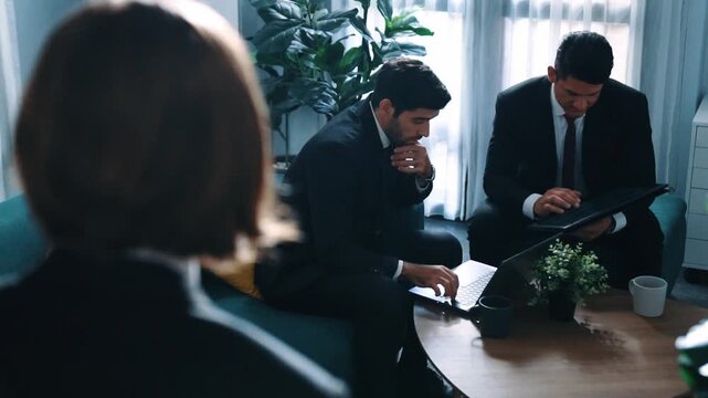 Top view of investor hold financial chart while attend in meeting while manager discuss marketing strategy.and compare financial data report. Diverse group working together. Time lapse. Directorate.