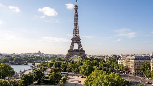 Eiffel Tower Paris France Landmark Iconic Architecture Sunny Day.