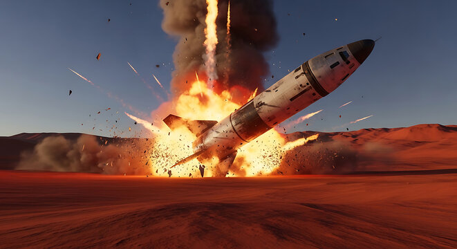 catastrophic rocket crash creating a massive explosion and destruction in a desolate red desert landscape