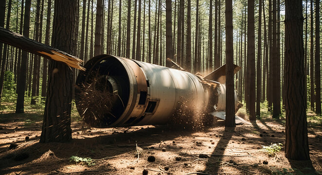large rocket crash in a dense forest a fallen missile section causing significant damage and scattering debris from the impact depicting an unexpected accident scene