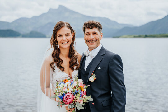 Wedding couple portrait at Lake Mondsee in Austria