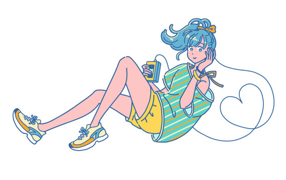 ポータブルカセットテープレコーダーで音楽を聴く若い女性