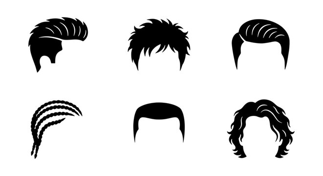 Male hairstyle silhouette set, 6 men hair icons, barbershop grooming vector graphics