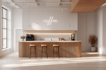Modern, minimalist cafe interior, featuring a light wood bar with stools, natural light, and a 